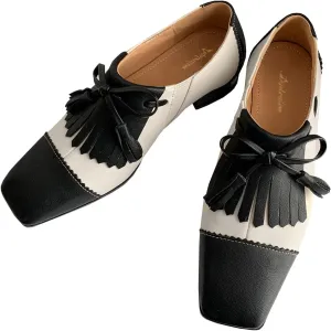 Women Tassel Loafer Flats Square Closed Toe Wingtip Bow Oxford Shoes Slip On Low Chunky Block Heel Penny Loafers Fringe Two-Toned Patchwork Dressy Vintage Office Work Shoes Chic 4-11 M US