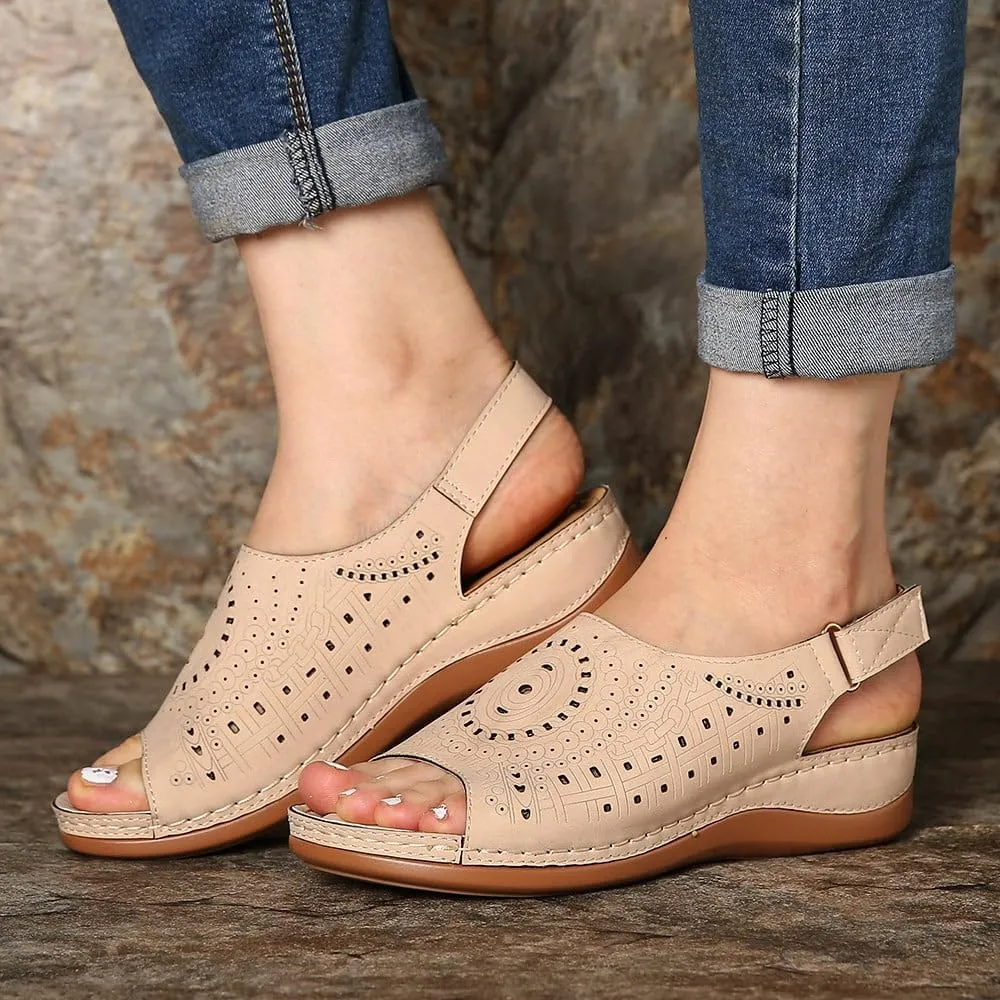 Women Wedge Sandals Comfortable Orthopedic Non Slip Sandals Ladies Vintage Hollow Out Yoga Mat Shoes Fashion Adjustable Ankle Strap Metal Buckle Beach Shoe