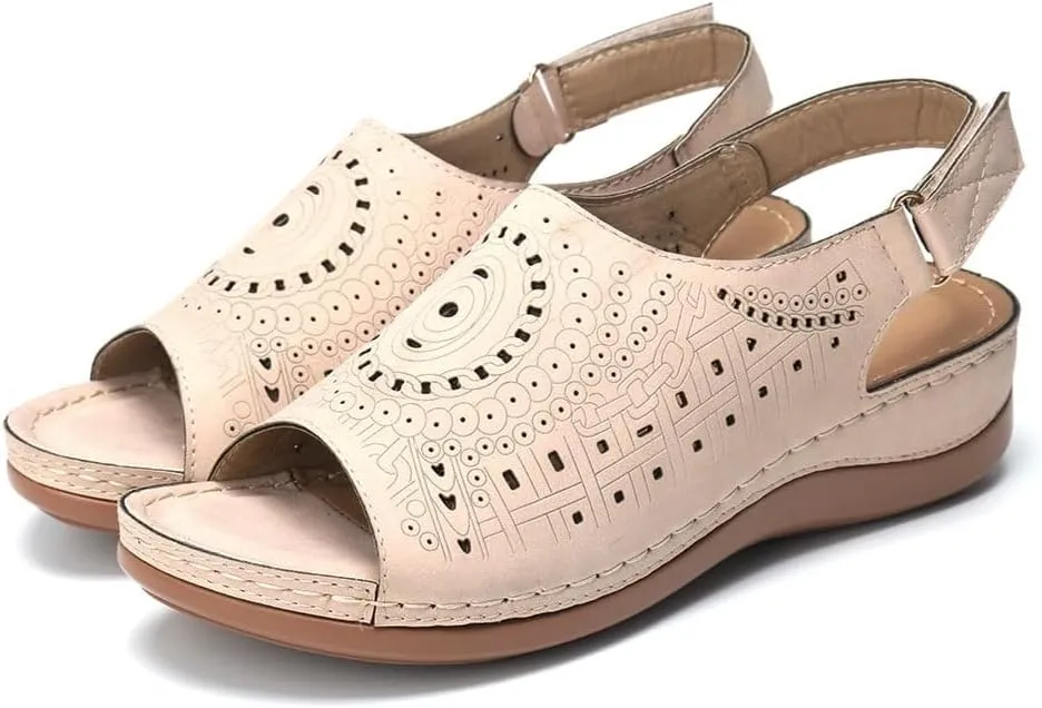 Women Wedge Sandals Comfortable Orthopedic Non Slip Sandals Ladies Vintage Hollow Out Yoga Mat Shoes Fashion Adjustable Ankle Strap Metal Buckle Beach Shoe