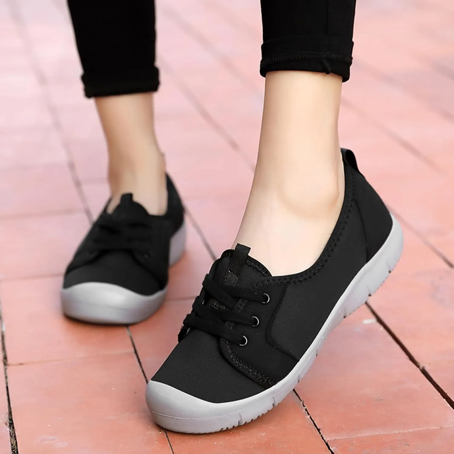 Women's Canvas Slip On Orthopedic Walking Shoes Comfortable Round Toe Shallow Mouth Lace Up Loafers Breathable Lightweight Casual Run Shoes