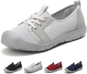 Women's Canvas Slip On Orthopedic Walking Shoes Comfortable Round Toe Shallow Mouth Lace Up Loafers Breathable Lightweight Casual Run Shoes