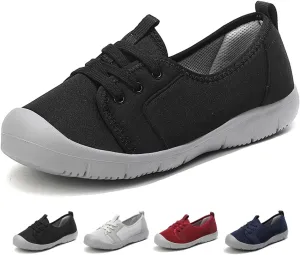 Women's Canvas Slip On Orthopedic Walking Shoes Comfortable Round Toe Shallow Mouth Lace Up Loafers Breathable Lightweight Casual Run Shoes