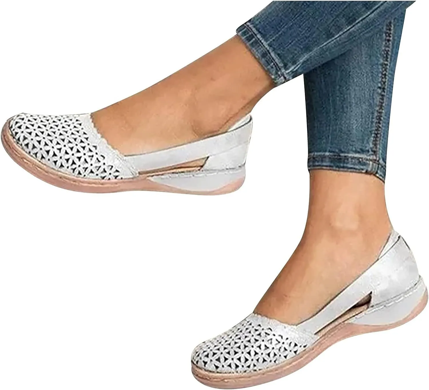 Womens Casual Hollow Out Round Toe Outdoor Slip On Shoes Flats Dressy Low Wedge Heel Sandals Workout Beach Walking Sandal Summer Comfortable Breathable Sandals