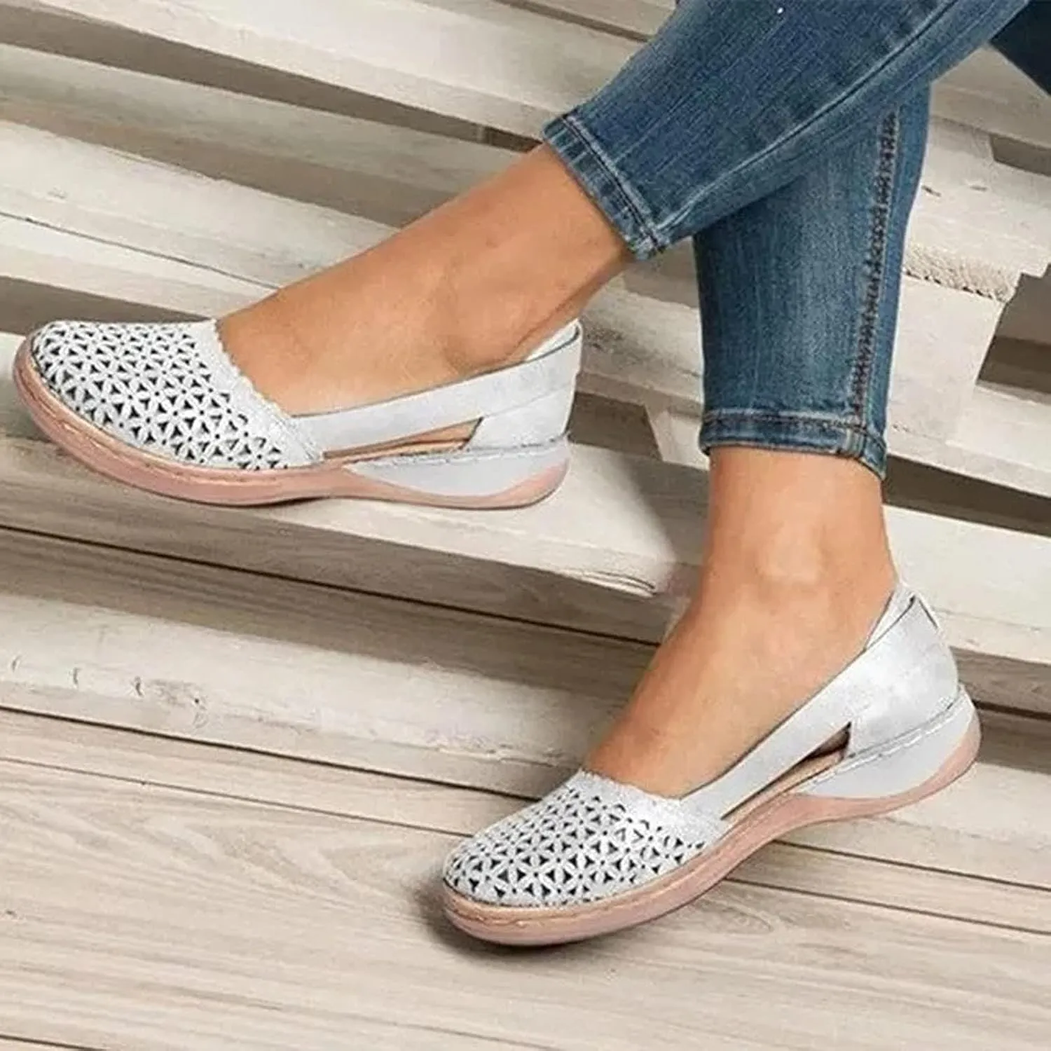 Womens Casual Hollow Out Round Toe Outdoor Slip On Shoes Flats Dressy Low Wedge Heel Sandals Workout Beach Walking Sandal Summer Comfortable Breathable Sandals