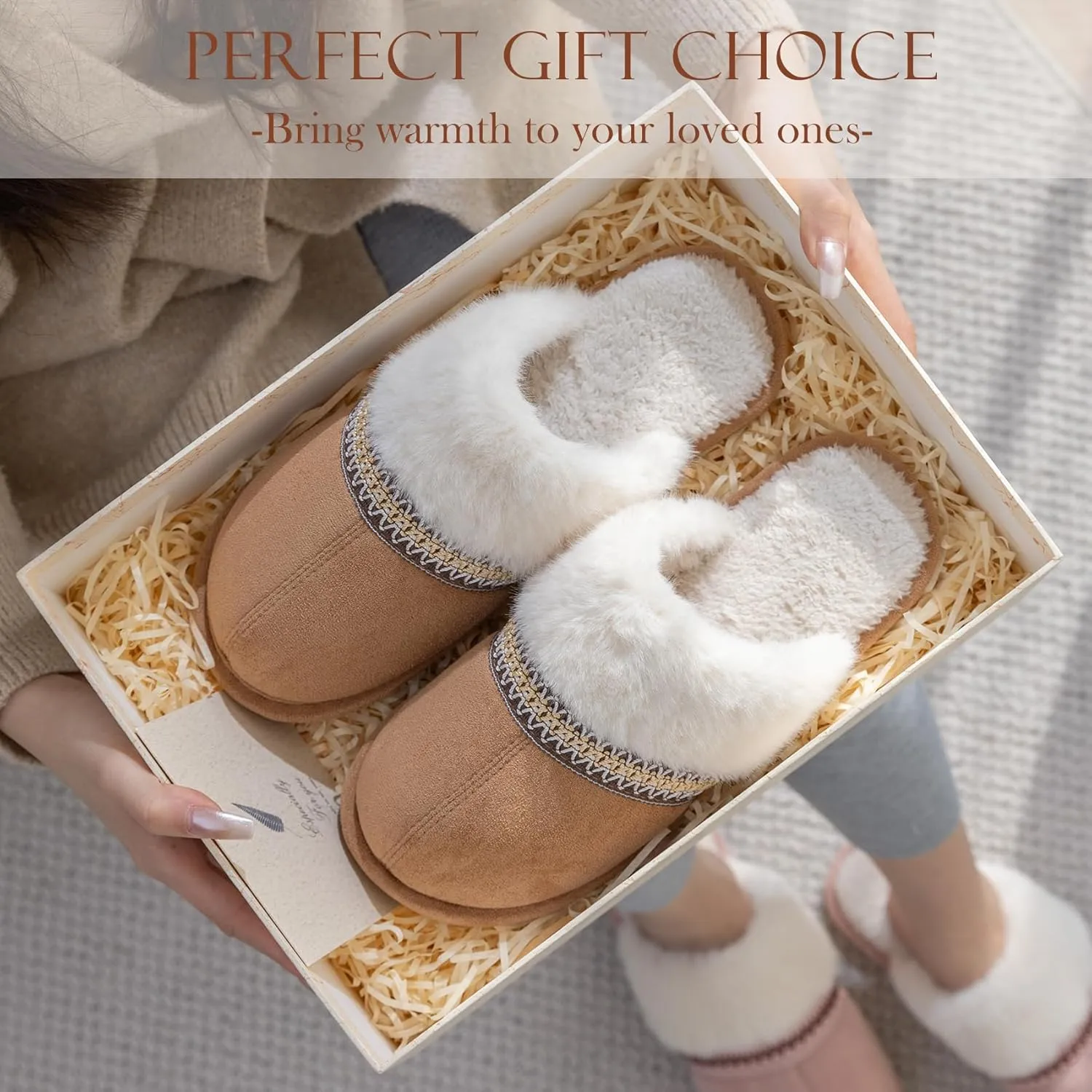 Women's Fuzzy Memory Foam Slippers Warm Gifts Trendy House Slippers Anti-Skid Rubber House Shoes for Women Mom Girlfriend Indoor Outdoor