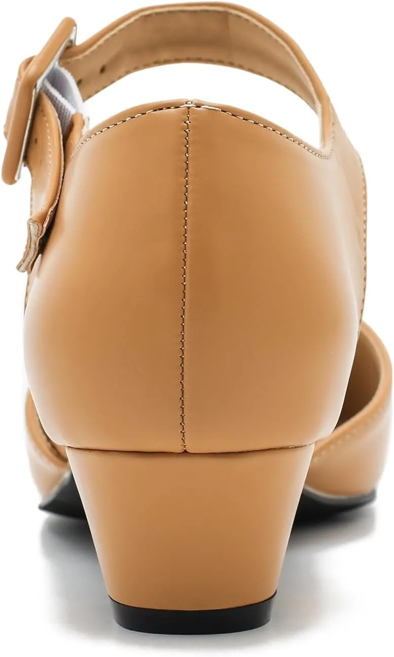 Women's Low Block Heels Ankle Buckle Strap Closed Toe Comfortable Chunky Heel Dress Work Pumps