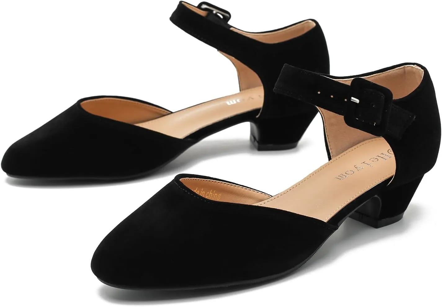 Women's Low Block Heels Ankle Buckle Strap Closed Toe Comfortable Chunky Heel Dress Work Pumps