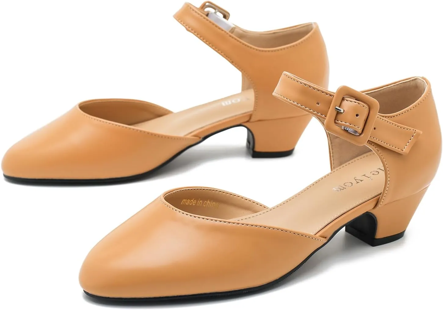 Women's Low Block Heels Ankle Buckle Strap Closed Toe Comfortable Chunky Heel Dress Work Pumps