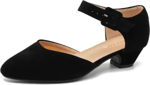 Women's Low Block Heels Ankle Buckle Strap Closed Toe Comfortable Chunky Heel Dress Work Pumps