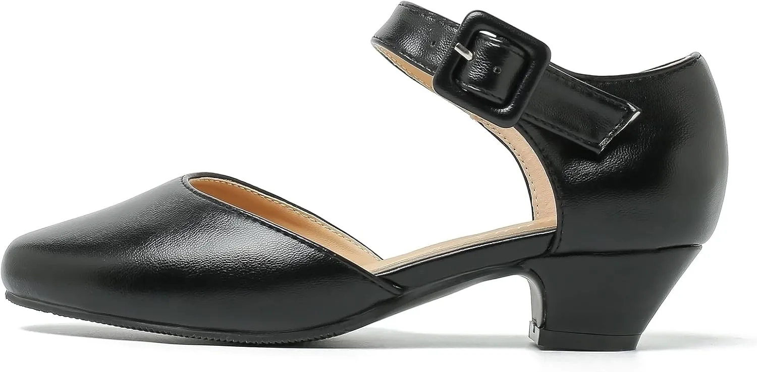 Women's Low Block Heels Ankle Buckle Strap Closed Toe Comfortable Chunky Heel Dress Work Pumps
