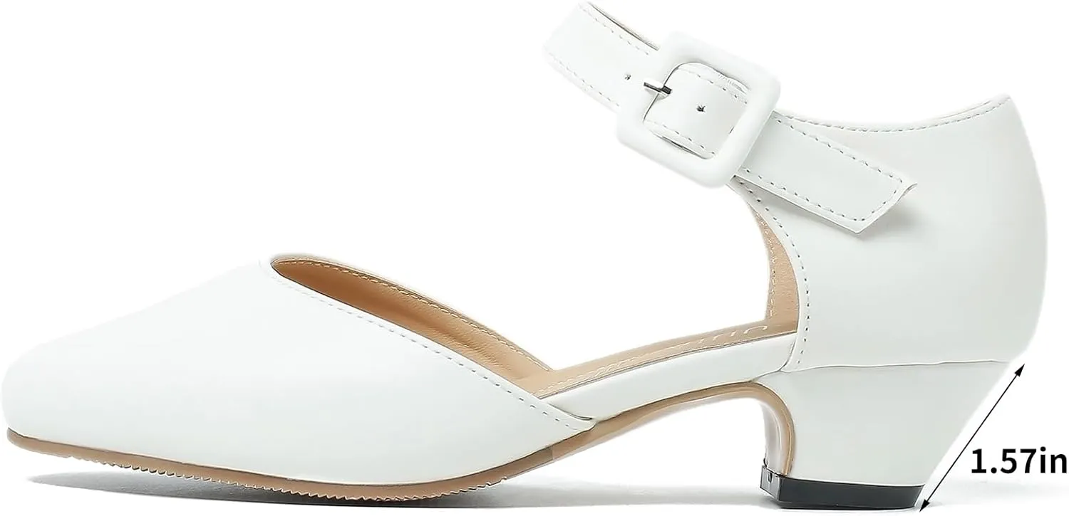 Women's Low Block Heels Ankle Buckle Strap Closed Toe Comfortable Chunky Heel Dress Work Pumps