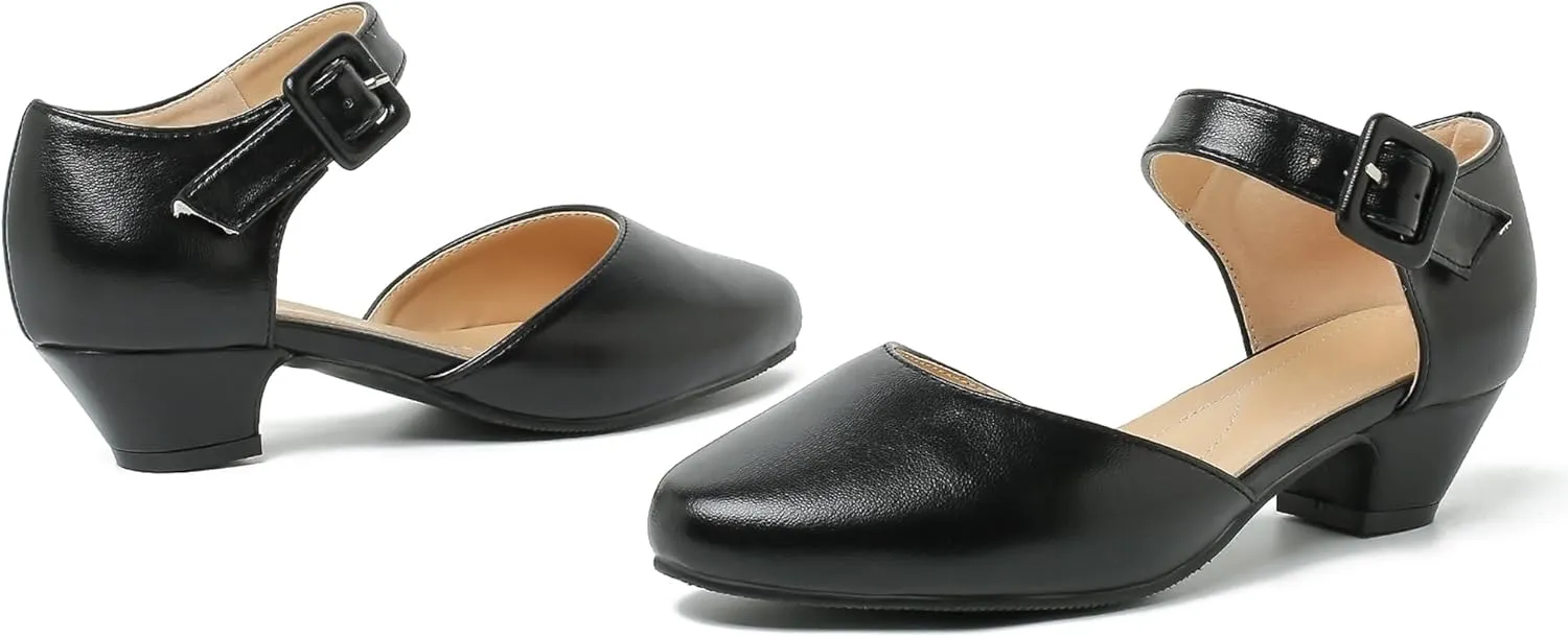Women's Low Block Heels Ankle Buckle Strap Closed Toe Comfortable Chunky Heel Dress Work Pumps