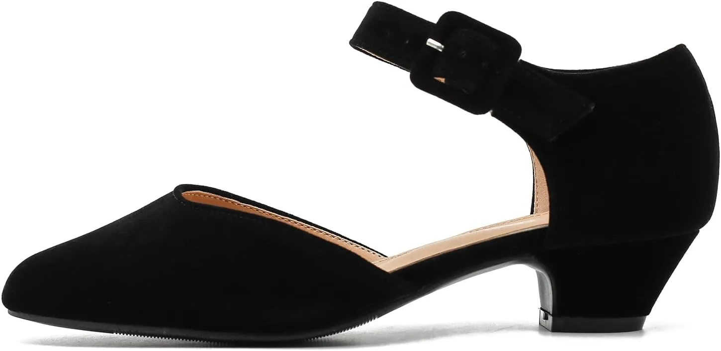 Women's Low Block Heels Ankle Buckle Strap Closed Toe Comfortable Chunky Heel Dress Work Pumps