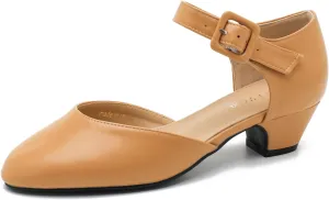 Women's Low Block Heels Ankle Buckle Strap Closed Toe Comfortable Chunky Heel Dress Work Pumps