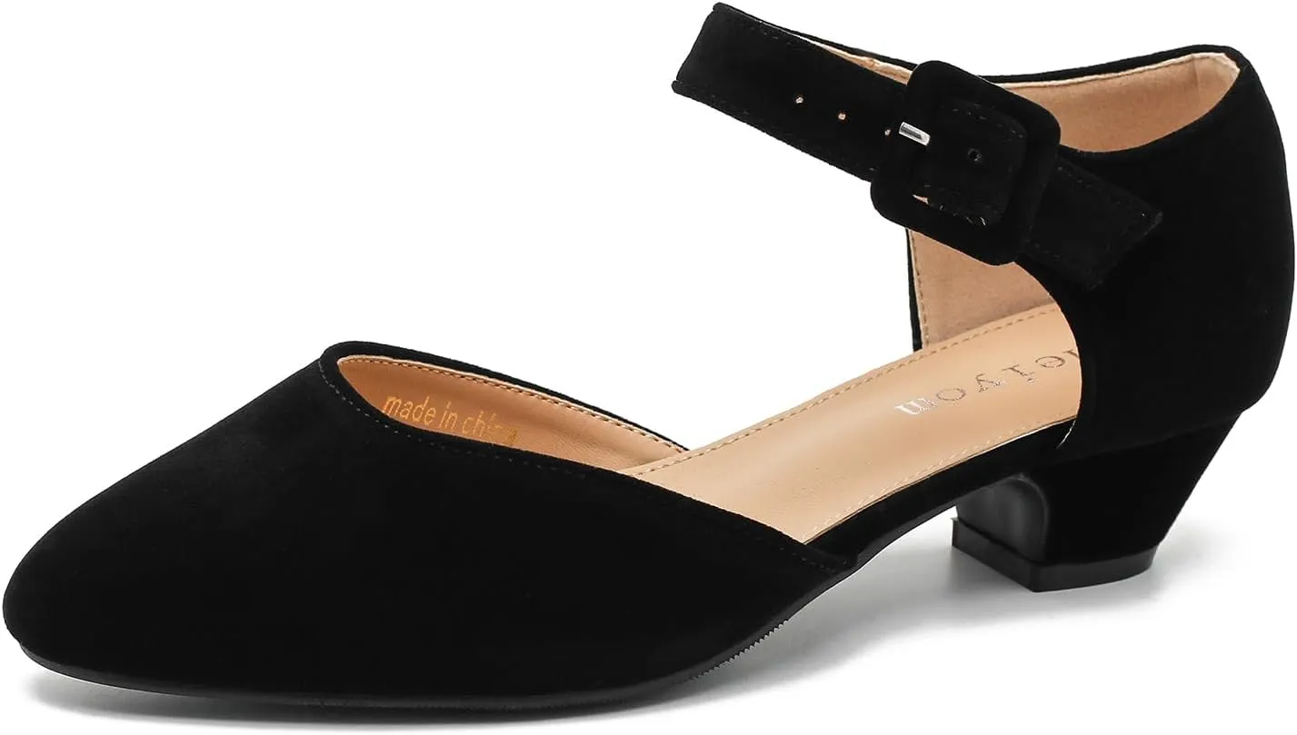 Women's Low Block Heels Ankle Buckle Strap Closed Toe Comfortable Chunky Heel Dress Work Pumps