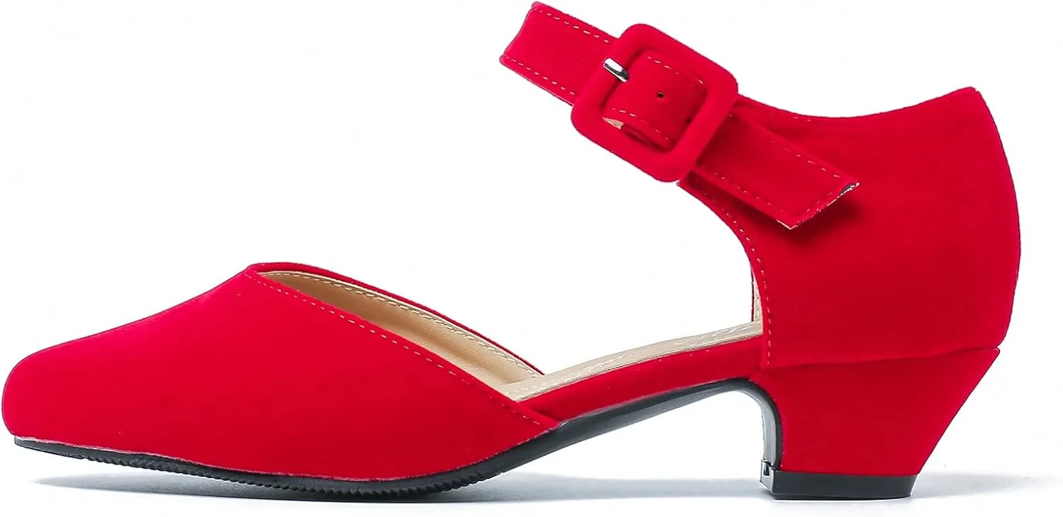 Women's Low Block Heels Ankle Buckle Strap Closed Toe Comfortable Chunky Heel Dress Work Pumps