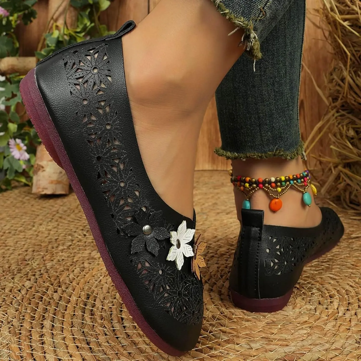 Womens Orthopedic Loafer Comfortable Leather Hollow Out Ballet Flats Vintage Summer Casual Round Toe Slip-On Shoes
