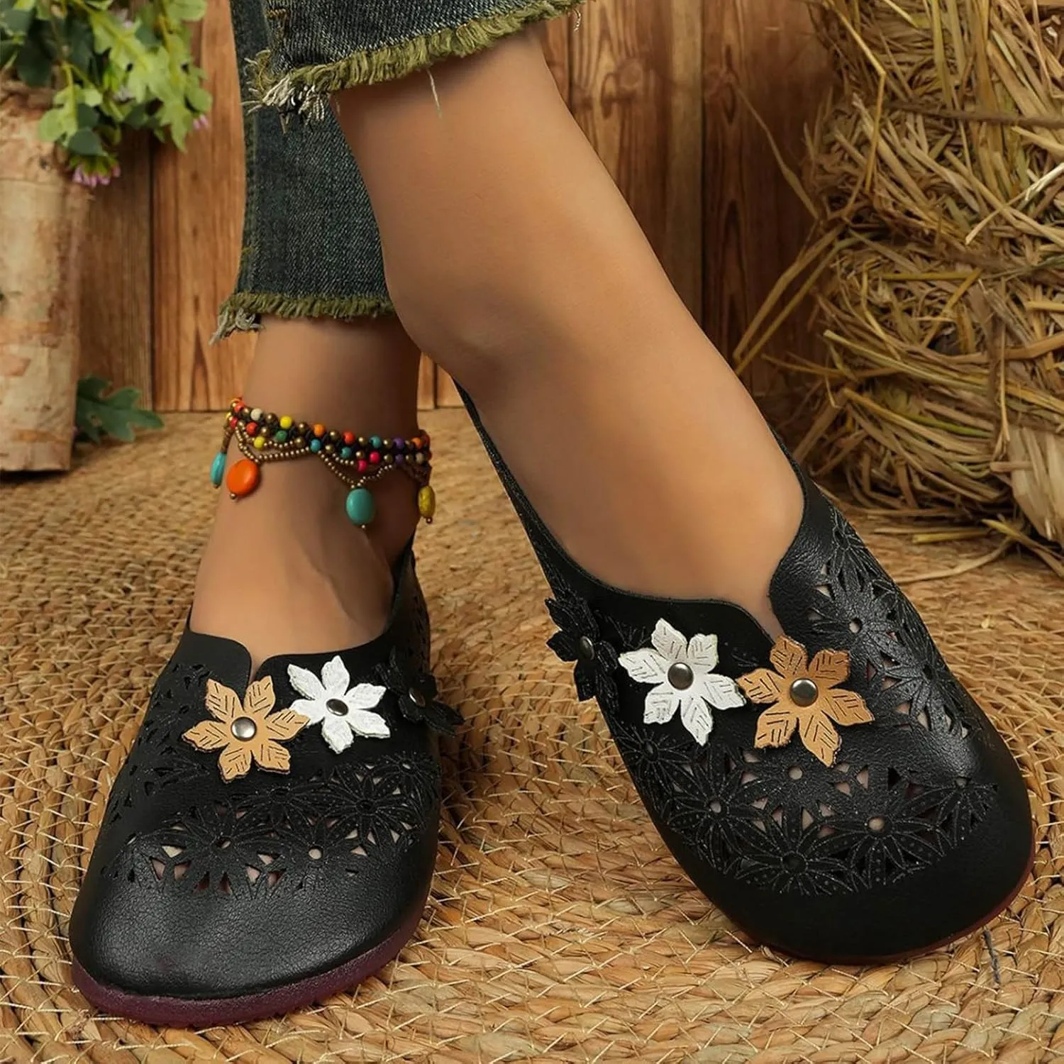 Womens Orthopedic Loafer Comfortable Leather Hollow Out Ballet Flats Vintage Summer Casual Round Toe Slip-On Shoes