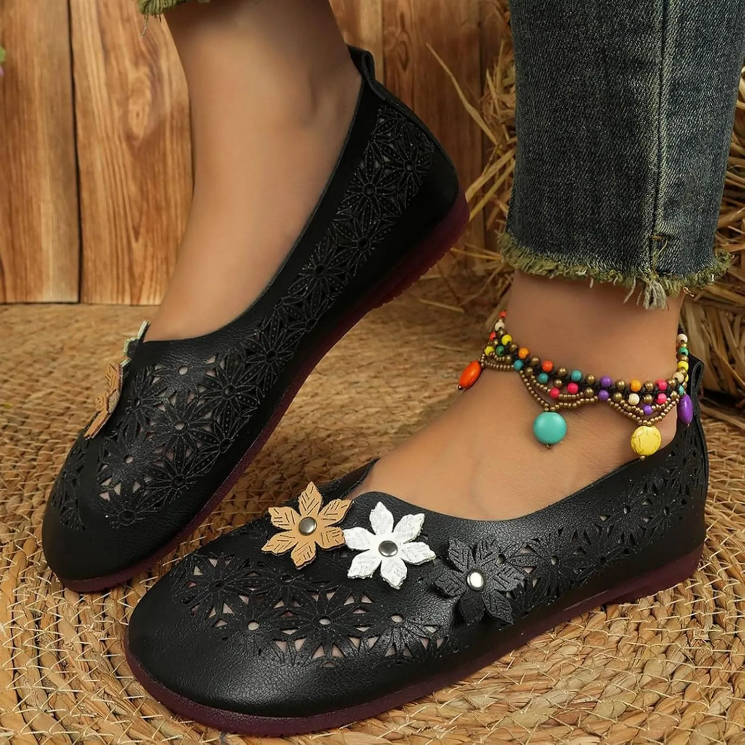 Womens Orthopedic Loafer Comfortable Leather Hollow Out Ballet Flats Vintage Summer Casual Round Toe Slip-On Shoes