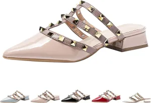 Women's Pointed Toe Studded Mules Backless Slip on Outdoor Shoes Chunky Low Heels Slip-On Pump Party Dress Low Heels Sandals