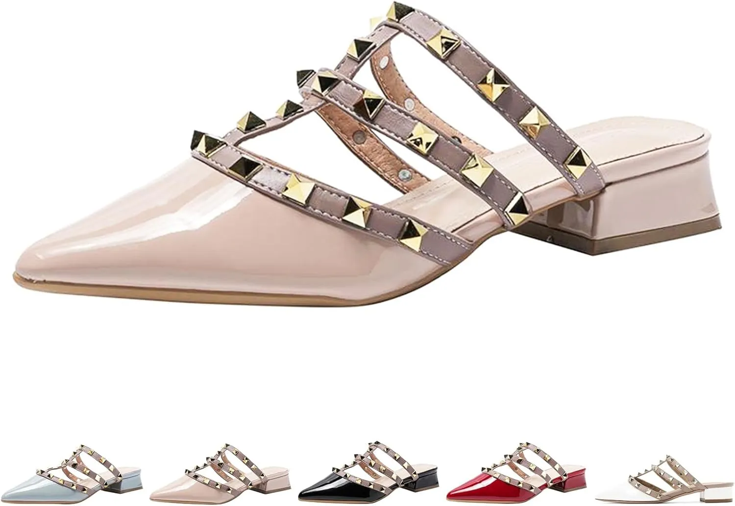 Women's Pointed Toe Studded Mules Backless Slip on Outdoor Shoes Chunky Low Heels Slip-On Pump Party Dress Low Heels Sandals
