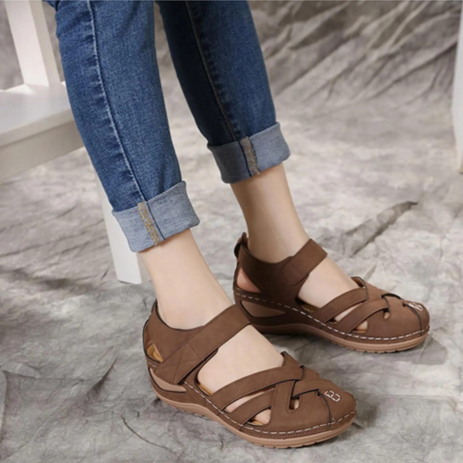 Womens Sandals Comfortable Flat Sandals:Summer Dressy Wedge Sandal Fashion Trendy Closed Toe Fisherman Sandal Hollow Out Sandals 2025