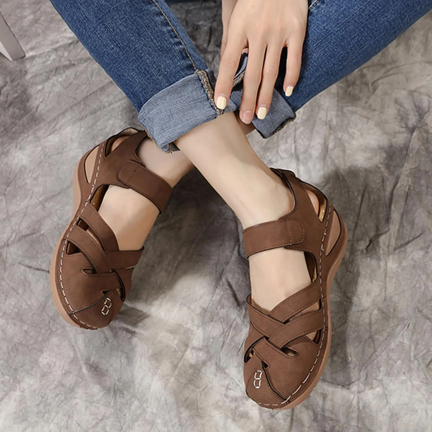 Womens Sandals Comfortable Flat Sandals:Summer Dressy Wedge Sandal Fashion Trendy Closed Toe Fisherman Sandal Hollow Out Sandals 2025