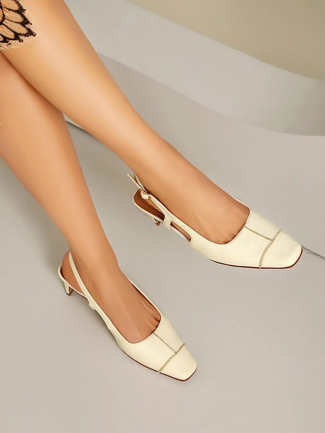 Women's Slingback Low Block Heels Square Toe Office Work Pumps Comfortable Dress Shoes