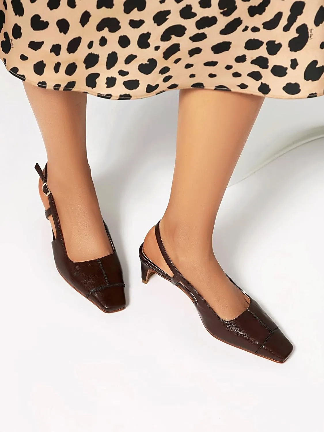 Women's Slingback Low Block Heels Square Toe Office Work Pumps Comfortable Dress Shoes
