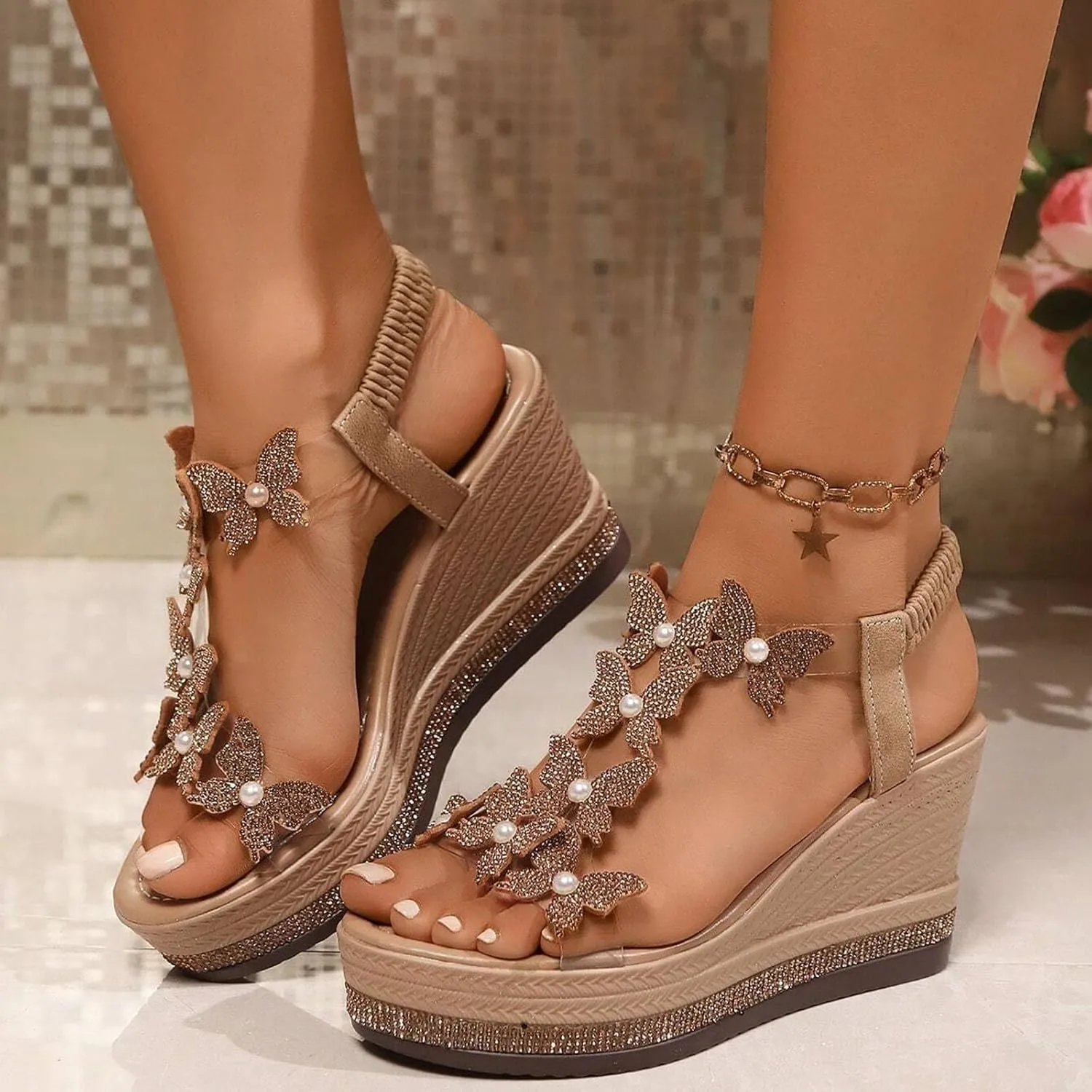 Women's Summer Sandals Sparkly Butterfly Open Toe Clear Elastic Ankle Strap Sandal Dressy Casual Flats Comfortable Beach Walking Shoes Vacation Walking Shoes Rhinestone Flat