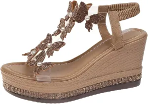 Women's Summer Sandals Sparkly Butterfly Open Toe Clear Elastic Ankle Strap Sandal Dressy Casual Flats Comfortable Beach Walking Shoes Vacation Walking Shoes Rhinestone Flat