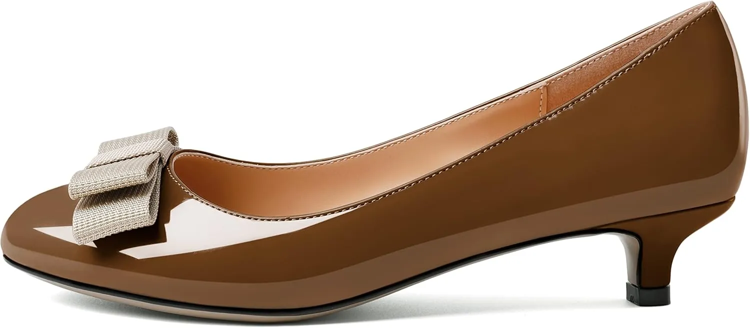 YODEKS Women Kitten Heel Pumps Round Toe Slip On 1.5 Inches Heels Low Heeled Elegant Bow Comfort Shoes for Wedding Office Evening