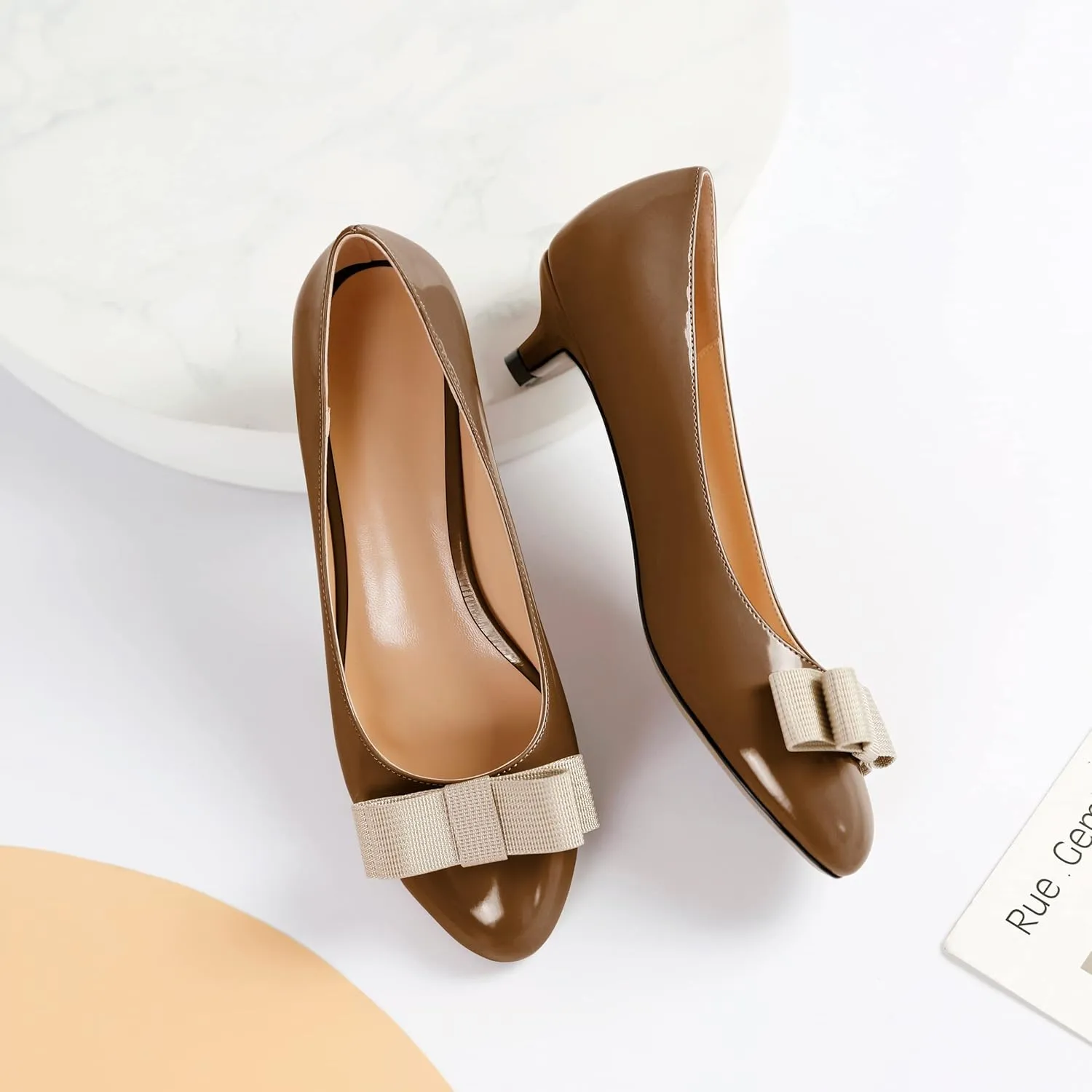 YODEKS Women Kitten Heel Pumps Round Toe Slip On 1.5 Inches Heels Low Heeled Elegant Bow Comfort Shoes for Wedding Office Evening