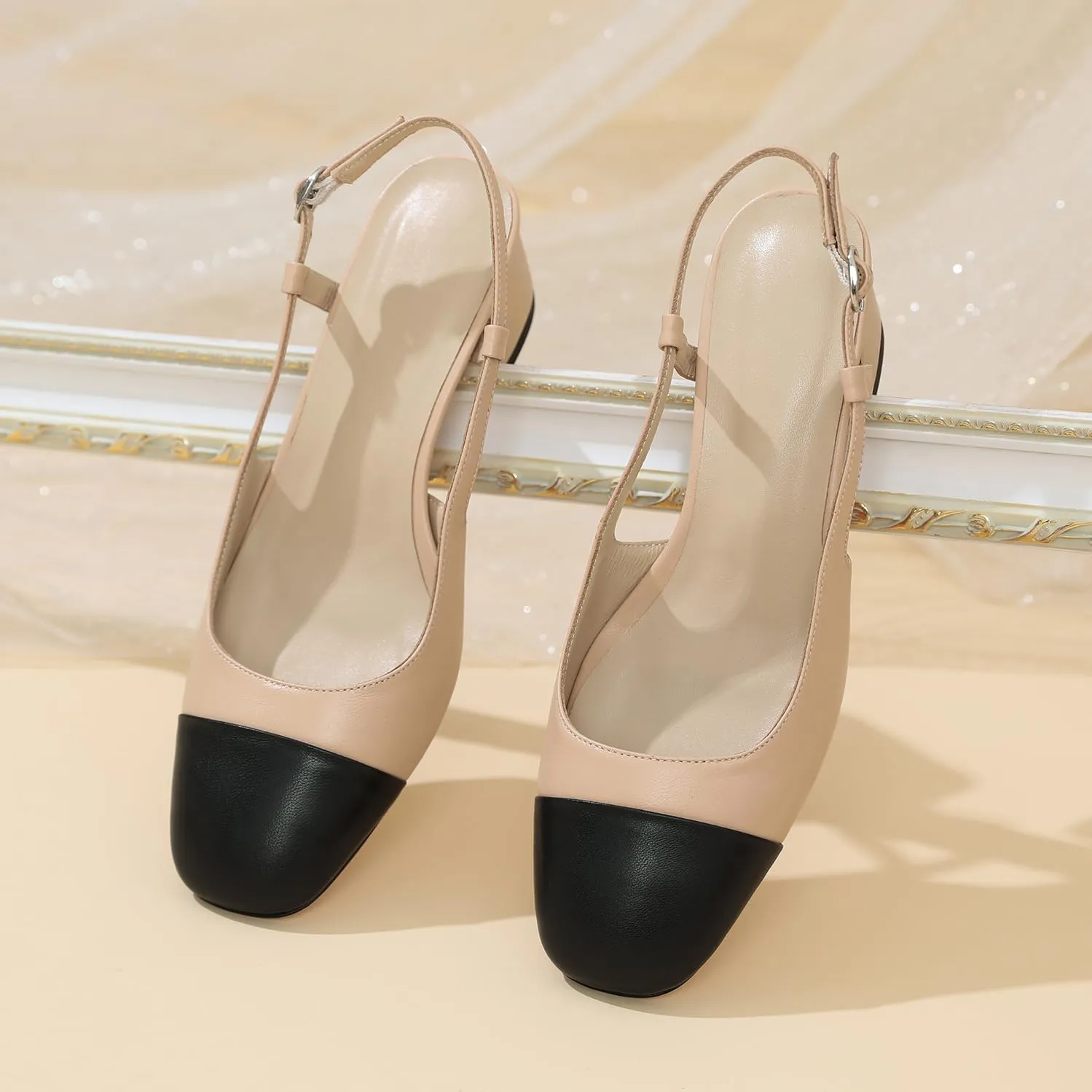 Zamikoo Cap Toe Slingback Block Heels for Women, Square Toe Chunky Low Heel Pumps, 2 Inches Genuine Leather Two Toned Shoes