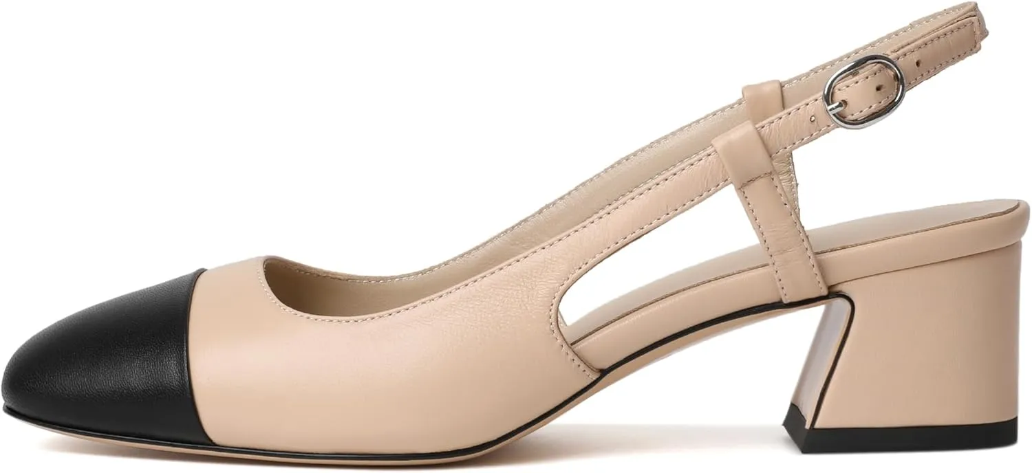 Zamikoo Cap Toe Slingback Block Heels for Women, Square Toe Chunky Low Heel Pumps, 2 Inches Genuine Leather Two Toned Shoes
