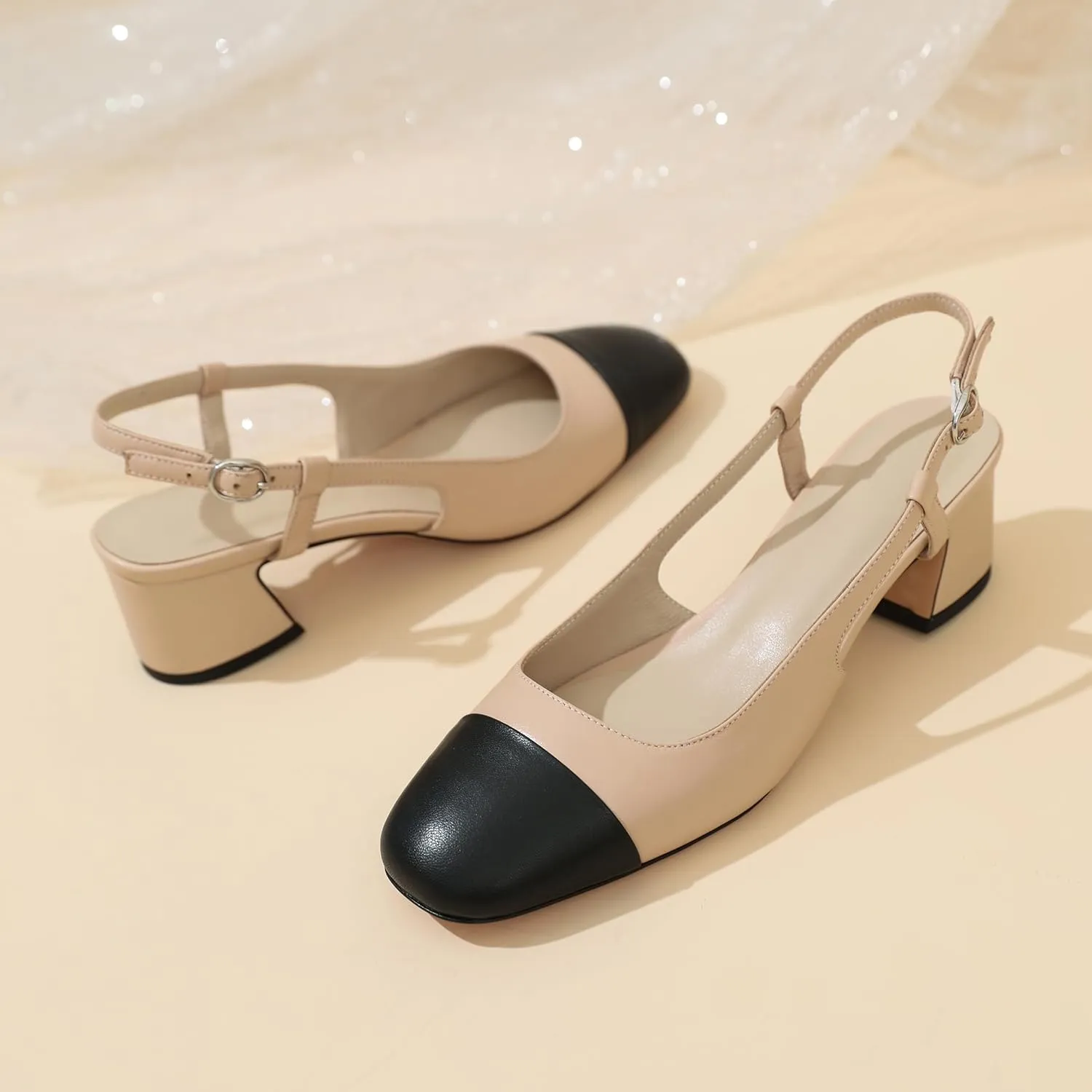 Zamikoo Cap Toe Slingback Block Heels for Women, Square Toe Chunky Low Heel Pumps, 2 Inches Genuine Leather Two Toned Shoes