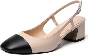 Zamikoo Cap Toe Slingback Block Heels for Women, Square Toe Chunky Low Heel Pumps, 2 Inches Genuine Leather Two Toned Shoes