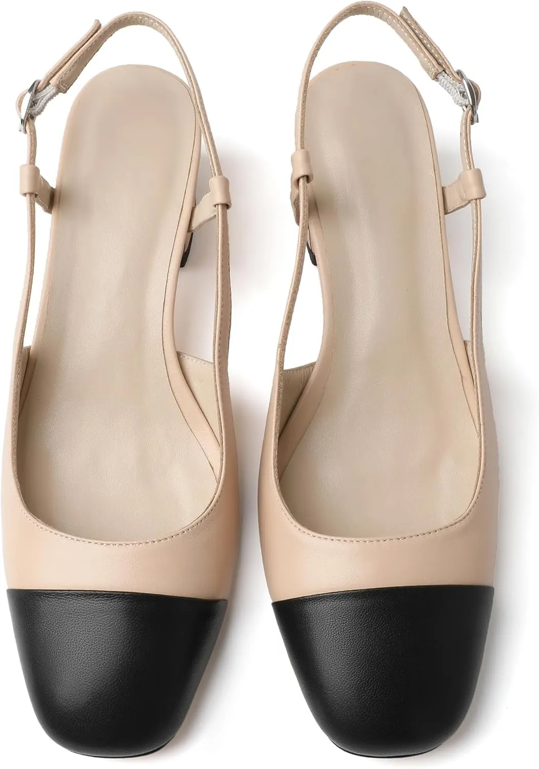Zamikoo Cap Toe Slingback Block Heels for Women, Square Toe Chunky Low Heel Pumps, 2 Inches Genuine Leather Two Toned Shoes