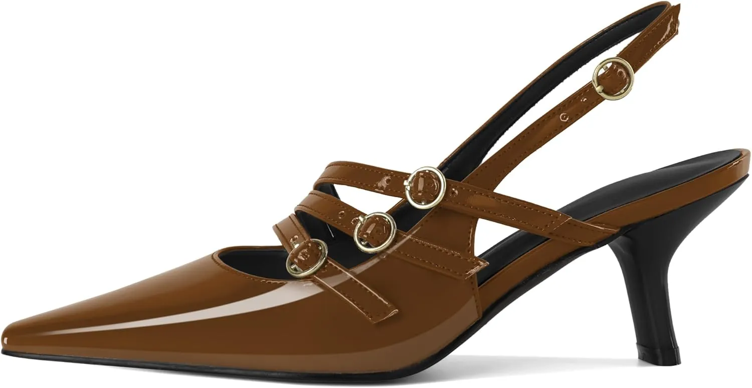 Zamikoo Slingback Heels for Women Buckle Strap Pointed Toe Chunky Block Low Heel Pumps Shoes Dressy 2.5 Inches