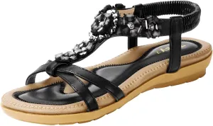 ZriEy Women's Open Toe Flat Sandals Dress Summer Sandals Non Slip Beach Sandal Shoes Elastic Ankle Strap Cute Comfortable Bohemia Flat Heel for Women