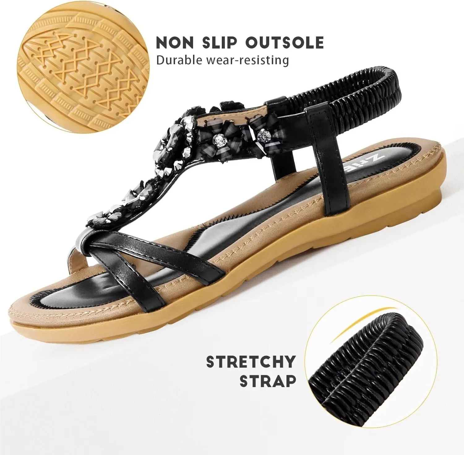 ZriEy Women's Open Toe Flat Sandals Dress Summer Sandals Non Slip Beach Sandal Shoes Elastic Ankle Strap Cute Comfortable Bohemia Flat Heel for Women