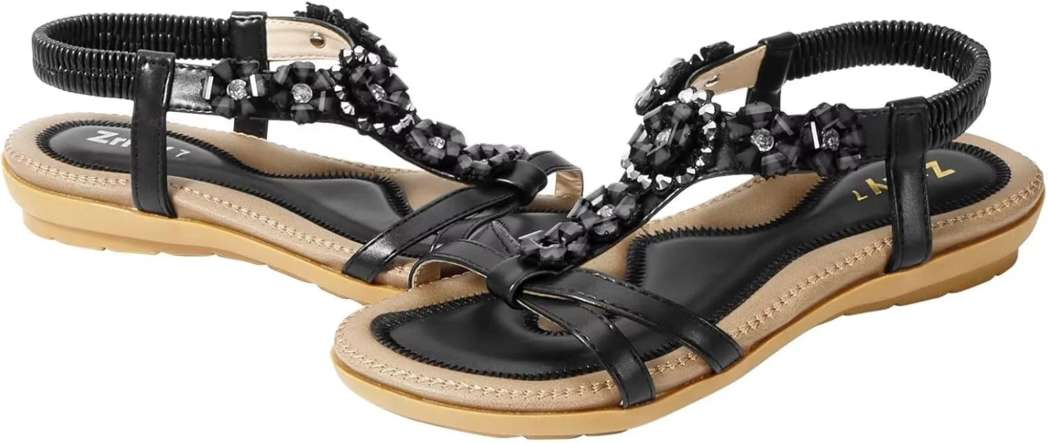 ZriEy Women's Open Toe Flat Sandals Dress Summer Sandals Non Slip Beach Sandal Shoes Elastic Ankle Strap Cute Comfortable Bohemia Flat Heel for Women