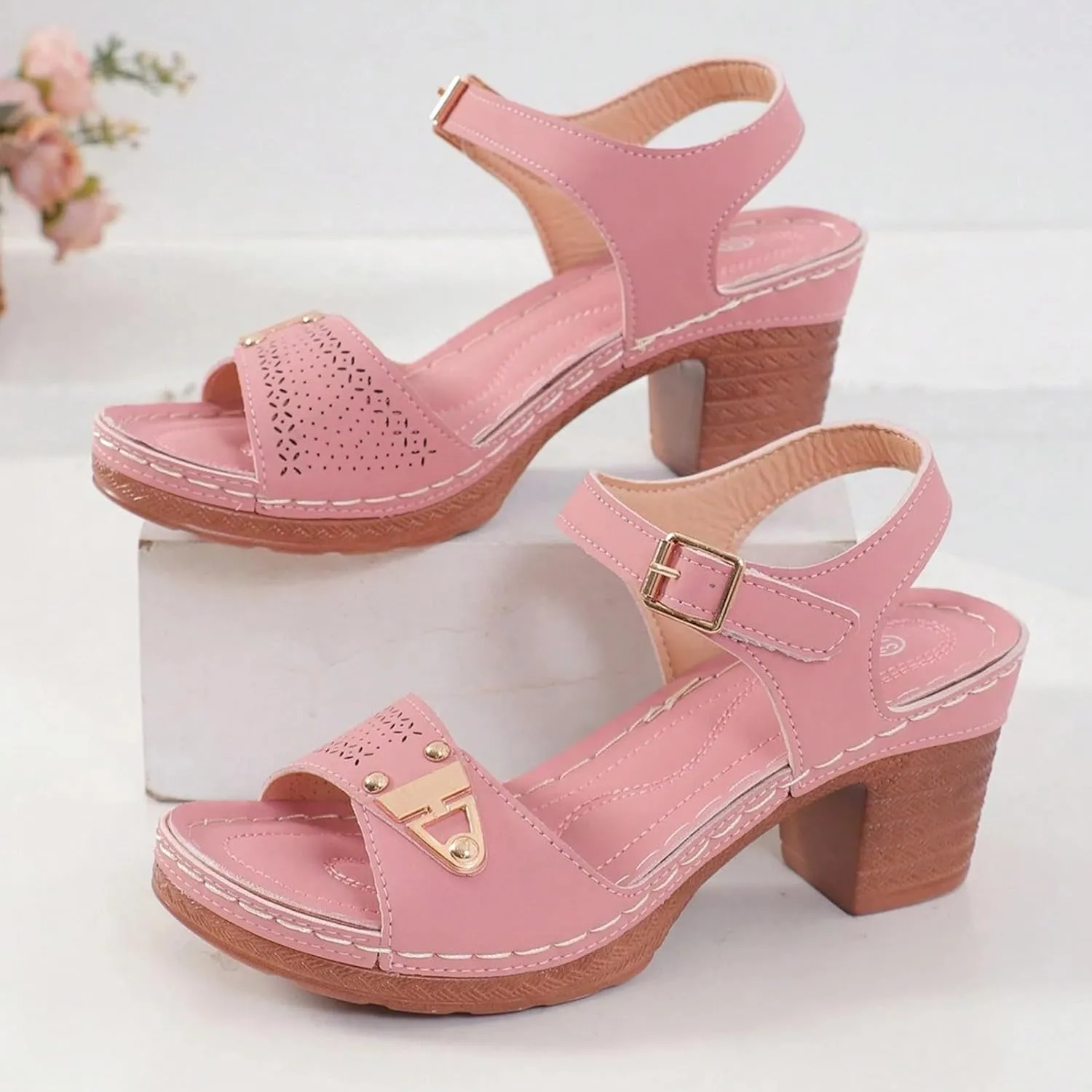 ZSpzx Women'S Open Toe Ankle Strap Low Block Chunky Heels Sandals Mid High Heel Comfortable Sandal Platform Summer Adjustable Wide Width Walking Dress Indoor Outdoor Shoes for Daily Wear