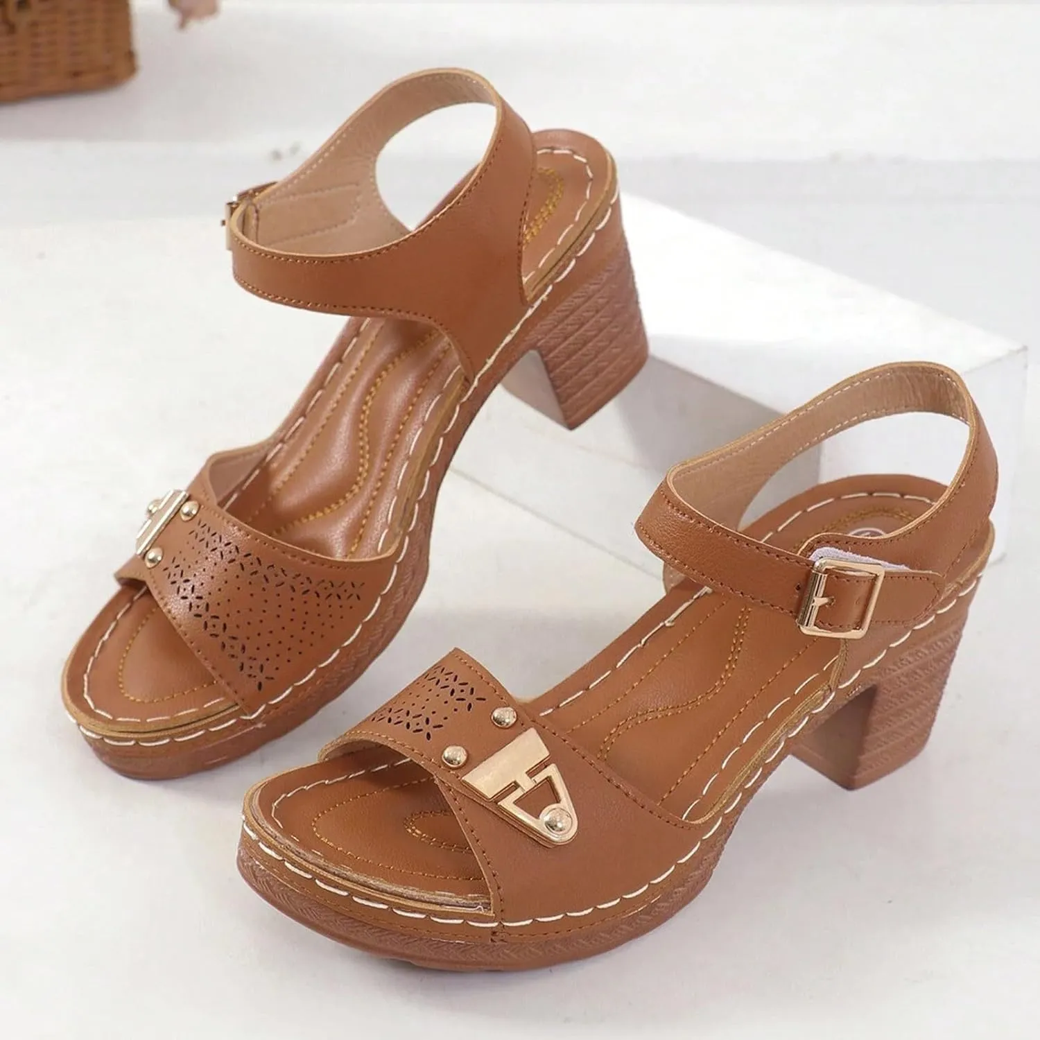 ZSpzx Women'S Open Toe Ankle Strap Low Block Chunky Heels Sandals Mid High Heel Comfortable Sandal Platform Summer Adjustable Wide Width Walking Dress Indoor Outdoor Shoes for Daily Wear